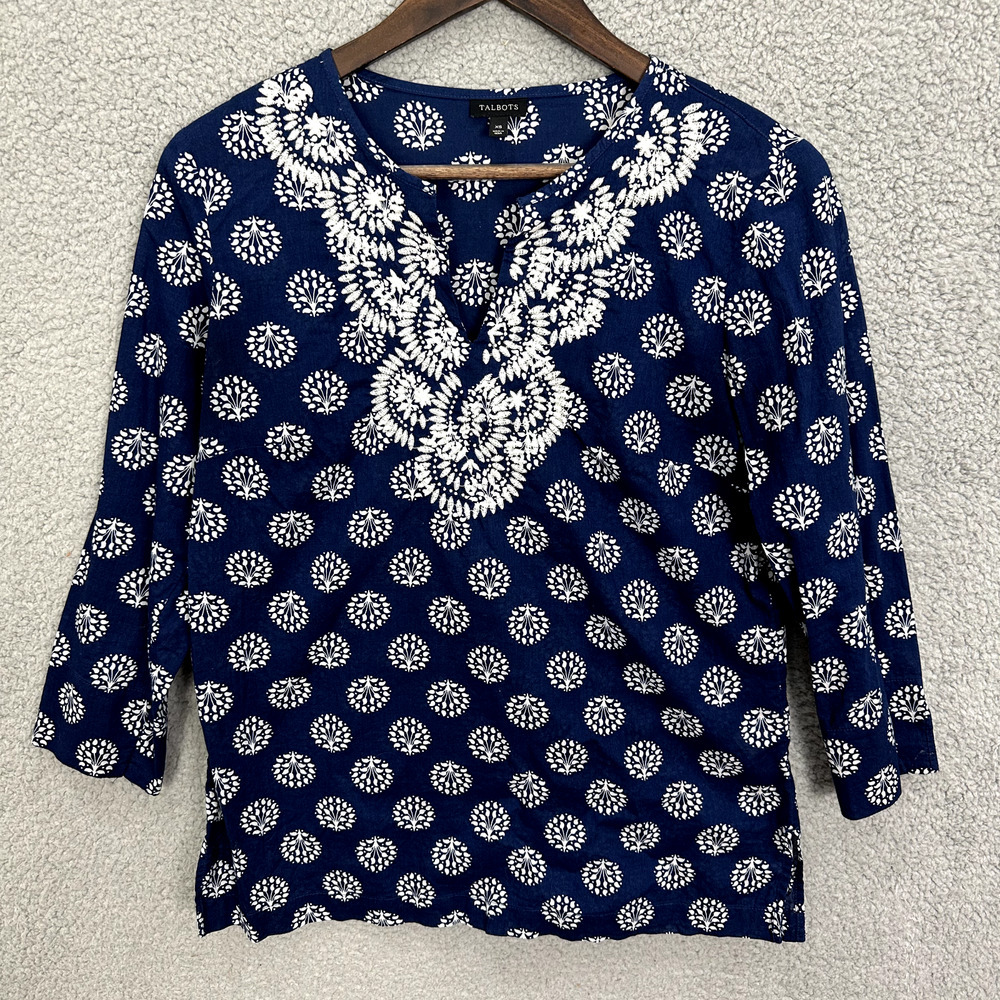 Talbots Tunic Top Womens XS Blue White Embroidered Cotton Boho Block Print Shirt